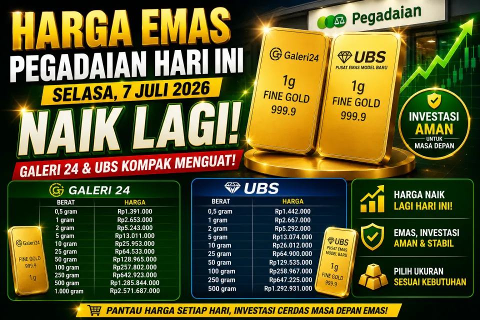 Harga Emas Pegadaian Hari Ini 7 Juli 2026 Naik Lagi! Galeri 24 dan UBS Kompak Menguat, Cek Daftar Harga Terbaru