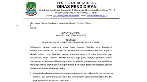 Disdik Kota Bekasi Terbitkan SE Kewaspadaan Abu Vulkanik Anak Krakatau, Sekolah Bisa Terapkan PJJ