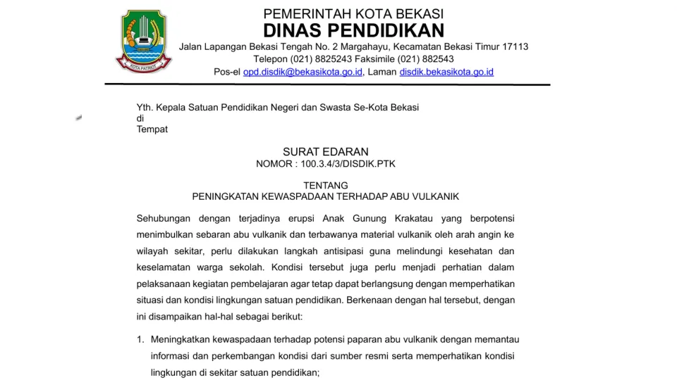 Disdik Kota Bekasi Terbitkan SE Kewaspadaan Abu Vulkanik Anak Krakatau, Sekolah Bisa Terapkan PJJ