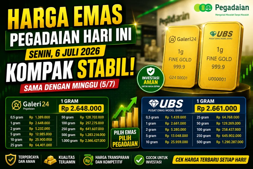 Harga Emas Pegadaian Hari Ini Senin 6 Juli 2026 Stabil, Cek Daftar Lengkap Emas Galeri 24 dan UBS Terbaru