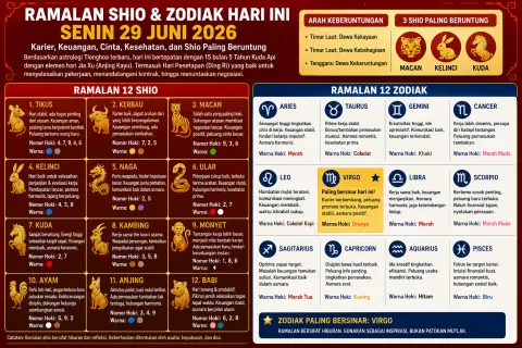 Ramalan Shio & Zodiak Hari Ini Senin 29 Juni 2026: 3 Shio Paling Hoki, Virgo Bersinar, Naga Diminta Waspada!