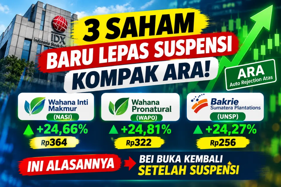 3 Saham Baru Lepas Suspensi BEI Hari Ini Kompak ARA, NASI, WAPO dan UNSP Melonjak 24%