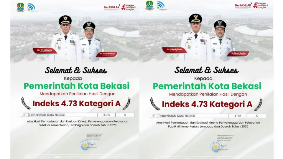Pemkot Bekasi Raih Predikat A Pelayanan Publik dari Kemenpan RB! Nilai 4,73 Nyaris Sempurna