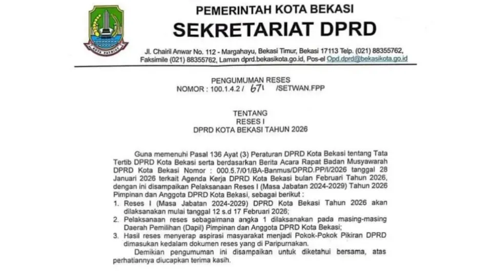 Reses Perdana DPRD Kota Bekasi Digelar 12–17 Februari 2026, 
